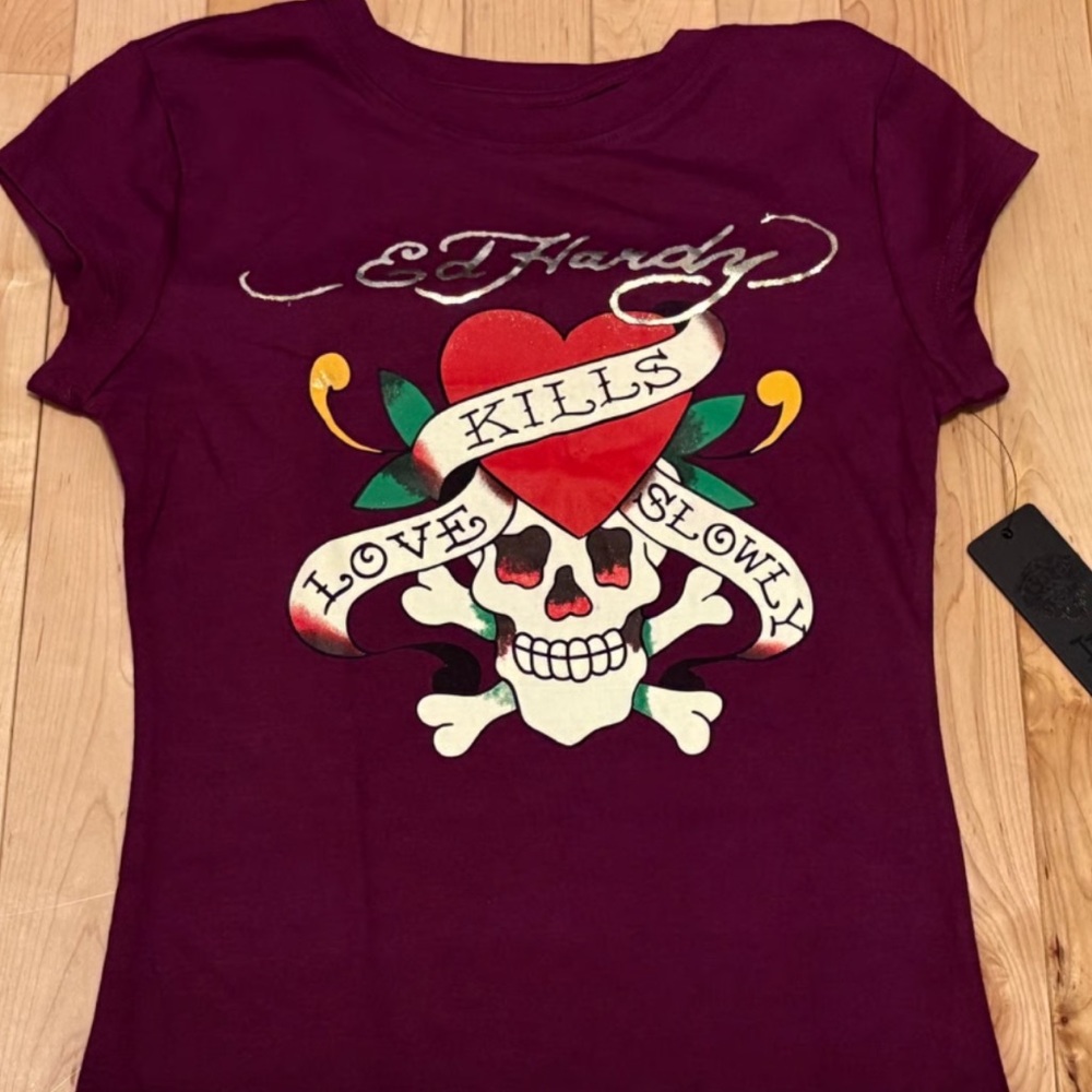 Ed Hardy Red Fitted Graphic Cap Sleeve Tee